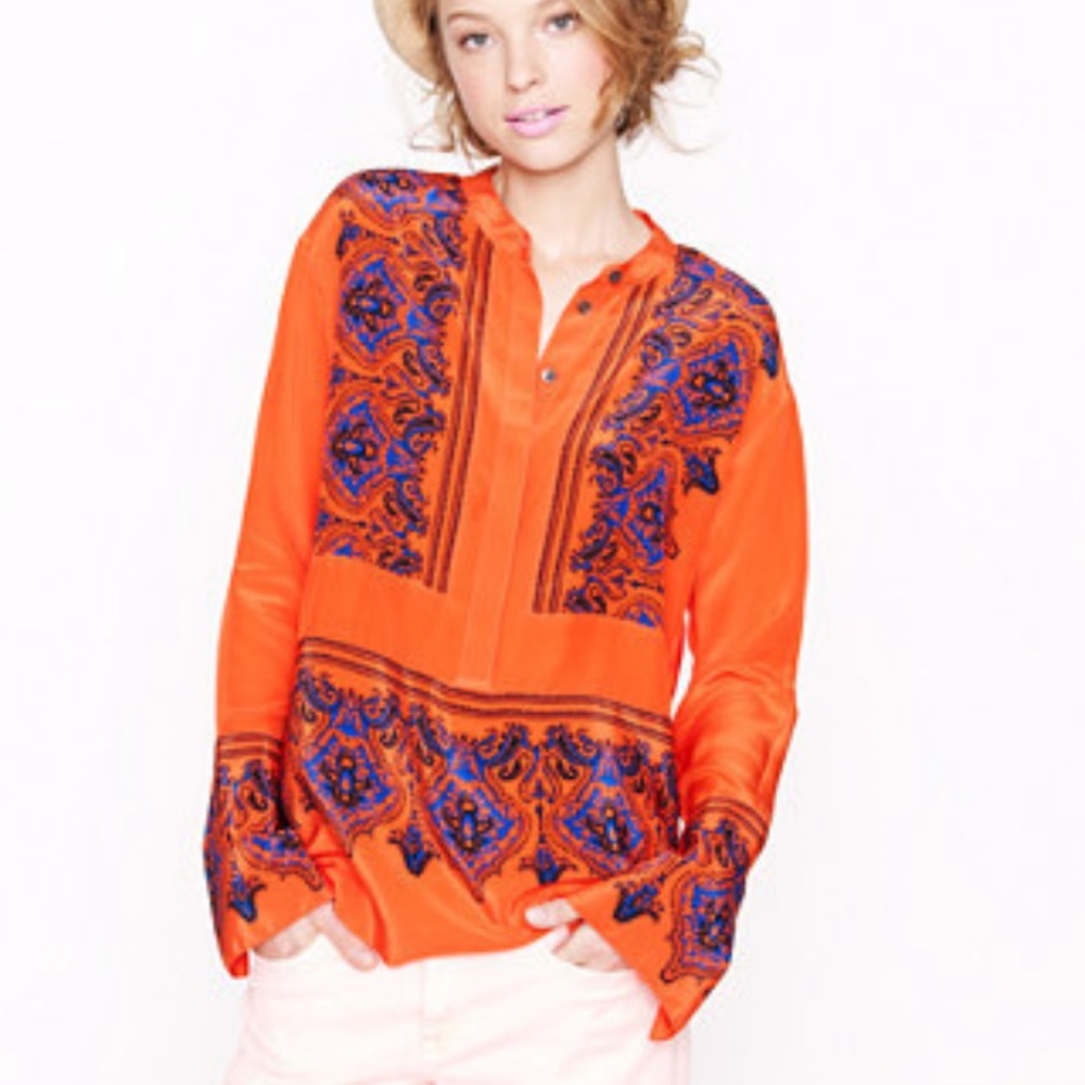 J.CREW 100% Silk Dervish Paisley Tunic Orange Blue Top